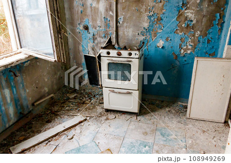 Kitchen of abandoned apartment in the ghost town Pripyat in Chernobyl Exclusion Zone, Ukraine Kitchen of abandoned apartment in the ghost town Pripyat in Chernobyl Exclusion Zone, Ukraine 108949269