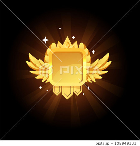 Glowing golden game medal, top award luminous badge with crown, ribbon and wings, vector level achievement square frame Glowing golden game medal, top award luminous badge with crown, ribbon and wings, vector level achievement square frame 108949333