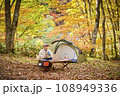 紅葉の中でソロキャンプをしてテレワークする男性 108949336