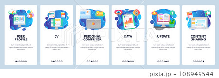 Mobile app onboarding screens. User profile, financial charts and data, online chat. Menu vector banner template for website and mobile development. Web site design flat illustration 108949544