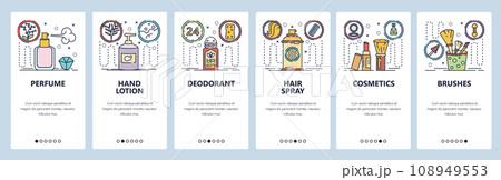 Mobile app onboarding screens. Natural cosmetics, perfume, hair spray, brushes, hand lotion. Menu vector banner template for website and mobile development. Web site design flat illustration 108949553