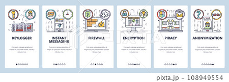 Mobile app onboarding screens. Pivate security, keylogger, spyware, instant messaging, smartphone encryption. Menu vector banner template for website and mobile development. Web site flat illustration Mobile app onboarding screens. Pivate security, keylogger, spyware, instant messaging, smartphone encryption. Menu vector banner template for website and mobile development. Web site flat illustration 108949554