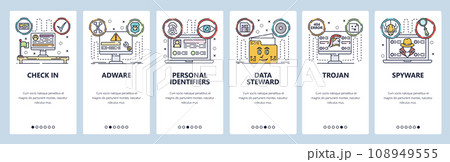 Mobile app onboarding screens. Cyber security, adware, spyware, personal id. Menu vector banner template for website and mobile development. Web site design flat illustration 108949555