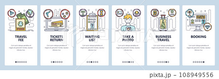 Mobile app onboarding screens. Business travel, buy tickets, online booking, passport photo. Menu vector banner template for website and mobile development. Web site design flat illustration Mobile app onboarding screens. Business travel, buy tickets, online booking, passport photo. Menu vector banner template for website and mobile development. Web site design flat illustration 108949556