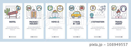 Mobile app onboarding screens. Summer vacation, travel by car, sea cruise, tour package, motel sign. Menu vector banner template for website and mobile development. Web site design flat illustration Mobile app onboarding screens. Summer vacation, travel by car, sea cruise, tour package, motel sign. Menu vector banner template for website and mobile development. Web site design flat illustration 108949557