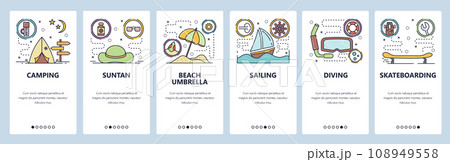 Mobile app onboarding screens. Summer leisure activities, beach vacation, travel and camping, sailing, diving. Vector banner template for website and mobile development. Web site flat illustration Mobile app onboarding screens. Summer leisure activities, beach vacation, travel and camping, sailing, diving. Vector banner template for website and mobile development. Web site flat illustration 108949558