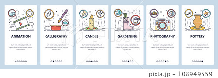 Mobile app onboarding screens. Hobby and leisure activities, photography, calligraphy, animation, gardening. Menu vector banner template for website and mobile development. Web site flat illustration Mobile app onboarding screens. Hobby and leisure activities, photography, calligraphy, animation, gardening. Menu vector banner template for website and mobile development. Web site flat illustration 108949559
