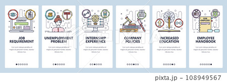 Mobile app onboarding screens. Education and job search, internship, employee and corporate culture. Menu vector banner template for website and mobile development. Web site design flat illustration 108949567