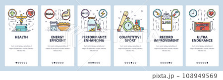 Mobile app onboarding screens. Doping, sport records, health and diet. Menu vector banner template for website and mobile development. Web site design flat illustration 108949569