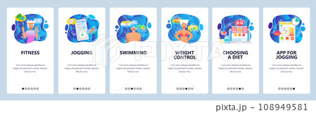 Mobile app onboarding screens. Fitness, music for jogging, diet and weight control, healthy lifestyle. Menu vector banner template for website and mobile development. Web site design flat illustration 108949581