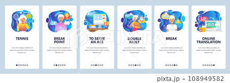Mobile app onboarding screens. Sport icons, tennis racket, break point. Menu vector banner template for website and mobile development. Web site design flat illustration 108949582