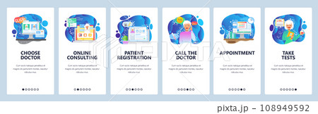 Mobile app onboarding screens. Online medical consulting, chat with doctor, sick patient. Menu vector banner template for website and mobile development. Web site design flat illustration 108949592