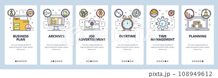 Mobile app onboarding screens. Business plan, job application and offer, time management. Menu vector banner template for website and mobile development. Web site design flat illustration 108949612