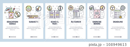Mobile app onboarding screens. School education, exam deadline, exercise book. Menu vector banner template for website and mobile development. Web site design flat illustration Mobile app onboarding screens. School education, exam deadline, exercise book. Menu vector banner template for website and mobile development. Web site design flat illustration 108949613