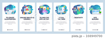 Mobile app onboarding screens. Draw digital illustration, media content, web development. Menu vector banner template for website and mobile development. Web site design flat illustration Mobile app onboarding screens. Draw digital illustration, media content, web development. Menu vector banner template for website and mobile development. Web site design flat illustration 108949700