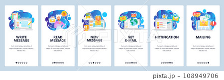Mobile app onboarding screens. Send message, chat bot, new email notification, online cobtact. Menu vector banner template for website and mobile development. Web site design flat illustration 108949706
