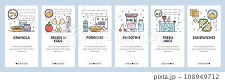 Mobile app onboarding screens. Morning breakfast and fast food, becon with eggs, porrige, smoothie and juice drink. Menu vector banner template website and mobile development. Web site illustration 108949712