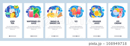 Mobile app onboarding screens. Summer drinks, iced tea, fruit smoothie, orange juice, ice cream. Menu vector banner template for website and mobile development. Web site design flat illustration 108949718