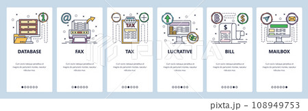 Mobile app onboarding screens. Business and computer technology icons, fax machine, database, financial bill. Vector banner template for website and mobile development. Web site design illustration Mobile app onboarding screens. Business and computer technology icons, fax machine, database, financial bill. Vector banner template for website and mobile development. Web site design illustration 108949753