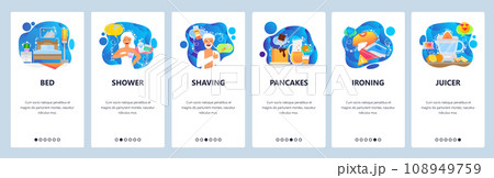 Mobile app onboarding screens. Bedroom interior, morning routine, shower, shaving, breakfast. Menu vector banner template for website and mobile development. Web site design flat illustration 108949759
