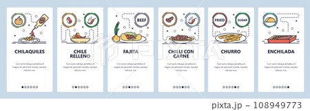 Mobile app onboarding screens. Mexican cuisine, cafe food menu, chilli, fajita, churro, chile relleno. Vector banner template for website and mobile development. Web site design flat illustration Mobile app onboarding screens. Mexican cuisine, cafe food menu, chilli, fajita, churro, chile relleno. Vector banner template for website and mobile development. Web site design flat illustration 108949773