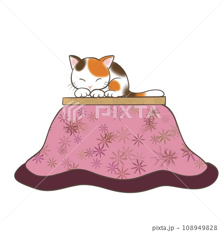 こたつの上で温まっているネコのイラストのイラスト素材 [108949828