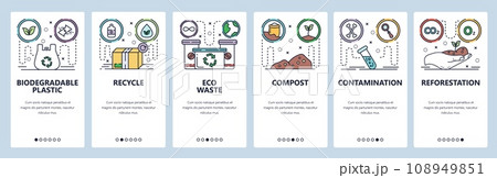 Mobile app onboarding screens. Eco plastic bag, recycle waste, contamination, environment, reforestation. Vector banner template for website and mobile development. Web site design flat illustration Mobile app onboarding screens. Eco plastic bag, recycle waste, contamination, environment, reforestation. Vector banner template for website and mobile development. Web site design flat illustration 108949851