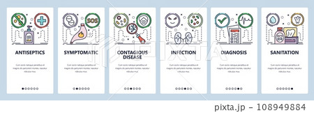 Mobile app onboarding screens. Stomach pain, health problems, disease, kidney infection, antiseptic. Menu vector banner template for website and mobile development. Web site design flat illustration 108949884