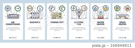 Mobile app onboarding screens. Home climate system, air con, water heater, thermostat. Menu vector banner template for website and mobile development. Web site design flat illustration Mobile app onboarding screens. Home climate system, air con, water heater, thermostat. Menu vector banner template for website and mobile development. Web site design flat illustration 108949911