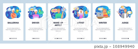 Mobile app onboarding screens. Different occupations, poeple, job, professions, workers. Menu vector banner template for website and mobile development. Web site design flat illustration Mobile app onboarding screens. Different occupations, poeple, job, professions, workers. Menu vector banner template for website and mobile development. Web site design flat illustration 108949940
