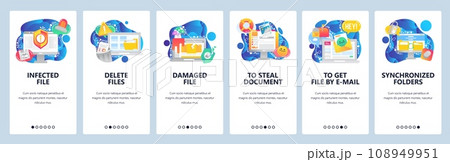 Mobile app onboarding screens. Cyber security technology, sync computer files, business documents, delete, email. Vector banner template for website and mobile development. Web site flat illustration Mobile app onboarding screens. Cyber security technology, sync computer files, business documents, delete, email. Vector banner template for website and mobile development. Web site flat illustration 108949951