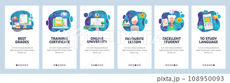 Mobile app onboarding screens. Online education and digital university, training courses and certificate. Menu vector banner template for website and mobile development. Web site design illustration Mobile app onboarding screens. Online education and digital university, training courses and certificate. Menu vector banner template for website and mobile development. Web site design illustration 108950093