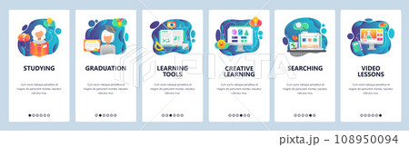 Mobile app onboarding screens. Studying, reading book, learning online tutorial. Menu vector banner template for website and mobile development. Web site design flat illustration 108950094