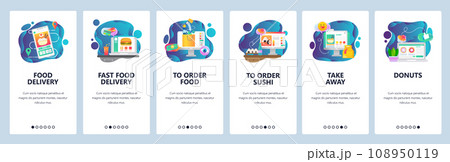 Mobile app onboarding screens. Food delivery, order grocery in online store. Menu vector banner template for website and mobile development. Web site design flat illustration. Mobile app onboarding screens. Food delivery, order grocery in online store. Menu vector banner template for website and mobile development. Web site design flat illustration. 108950119
