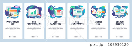 Mobile app onboarding screens. SEO optimization and digital internet marketing. Menu vector banner template for website and mobile development. Web site design flat illustration. 108950120