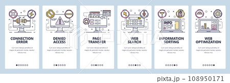 Mobile app onboarding screens. Connection error, access denied, SEO optimization and web development. Menu vector banner template for website and mobile development. Web site design flat illustration 108950171