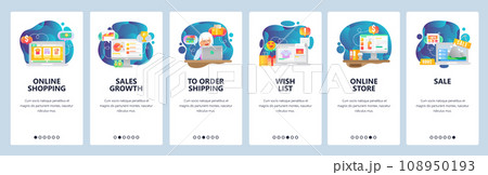 Mobile app onboarding screens. Online shopping, financial chart, wish list, online store, order payment and delivery. Vector banner template for website mobile development. Web site flat illustration 108950193