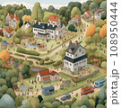 Natural landscape cartoon illustration, trees, forest, plants, houses. Beautiful landscape of nature. illustration 108950444