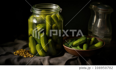 Pickled cucumbers in a glass jar Pickled cucumbers in a glass jar 108950702