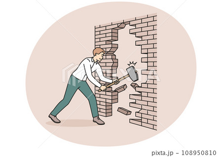 Businessman with hammer break wall 108950810