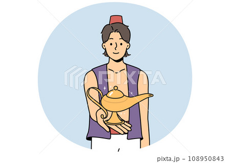 Smiling Aladdin holding wonderful lamp Smiling Aladdin holding wonderful lamp 108950843