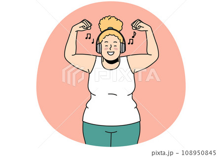 Overjoyed fat woman training listening to music 108950845