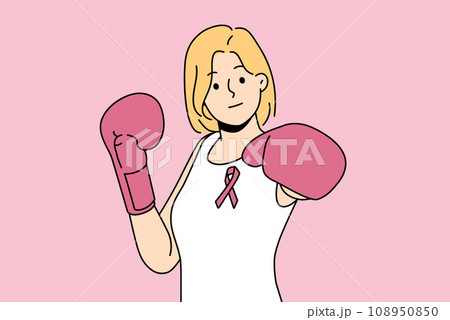 Woman fights cancerous tumor using boxing gloves and resisting development breast cancer 108950850