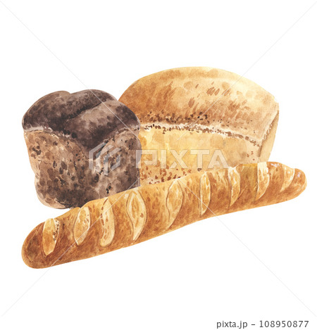 Watercolor composition with bread and rolls isolated on white. Hand drawn illustration of brown baked loaf and baguette. For logo design, menus, flyers, decoration. Watercolor composition with bread and rolls isolated on white. Hand drawn illustration of brown baked loaf and baguette. For logo design, menus, flyers, decoration. 108950877
