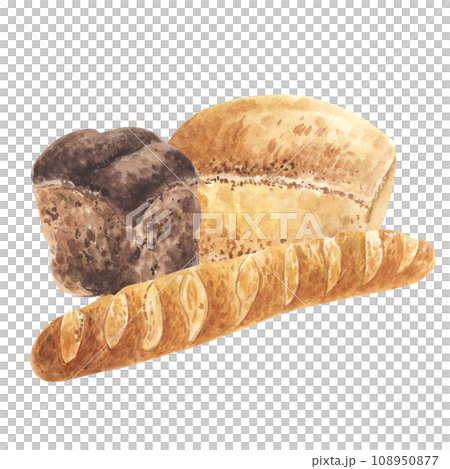 Watercolor composition with bread and rolls isolated on white. Hand drawn illustration of brown baked loaf and baguette. For logo design, menus, flyers, decoration. Watercolor composition with bread and rolls isolated on white. Hand drawn illustration of brown baked loaf and baguette. For logo design, menus, flyers, decoration. 108950877
