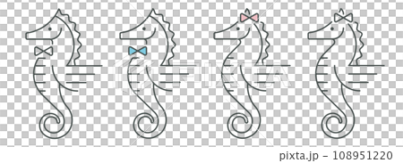 A pair of seahorses drawn in a simple black and white monoline style 108951220