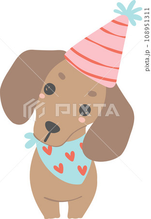 Birthday Dog, Cute Dachshund Sausage Dog with balloons , Festive and Playful Pet in Colorful Party Theme 108951311