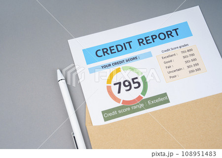 Close-up of credit report with pen. 108951483