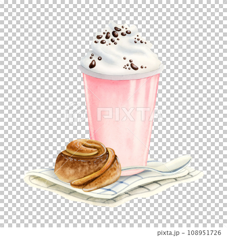 Milkshake with whipped cream and cinnamon rolled bun with spoon and napkin watercolor illustration isolated on white background. Fast food sweet delicious dessert. 108951726