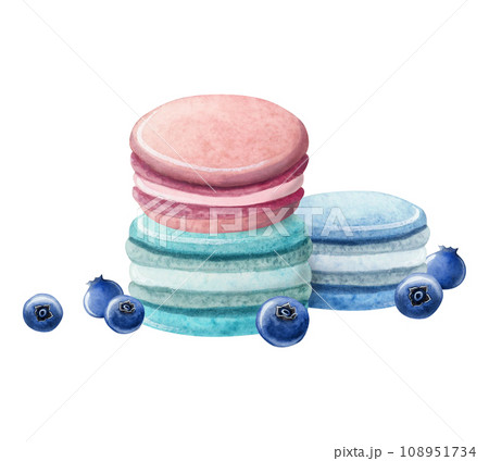 Macaroons pyramid in pastel pink and teal colors with blueberries illustration isolated on white background. Delicious dessert food for cafe and bakeries Macaroons pyramid in pastel pink and teal colors with blueberries illustration isolated on white background. Delicious dessert food for cafe and bakeries 108951734